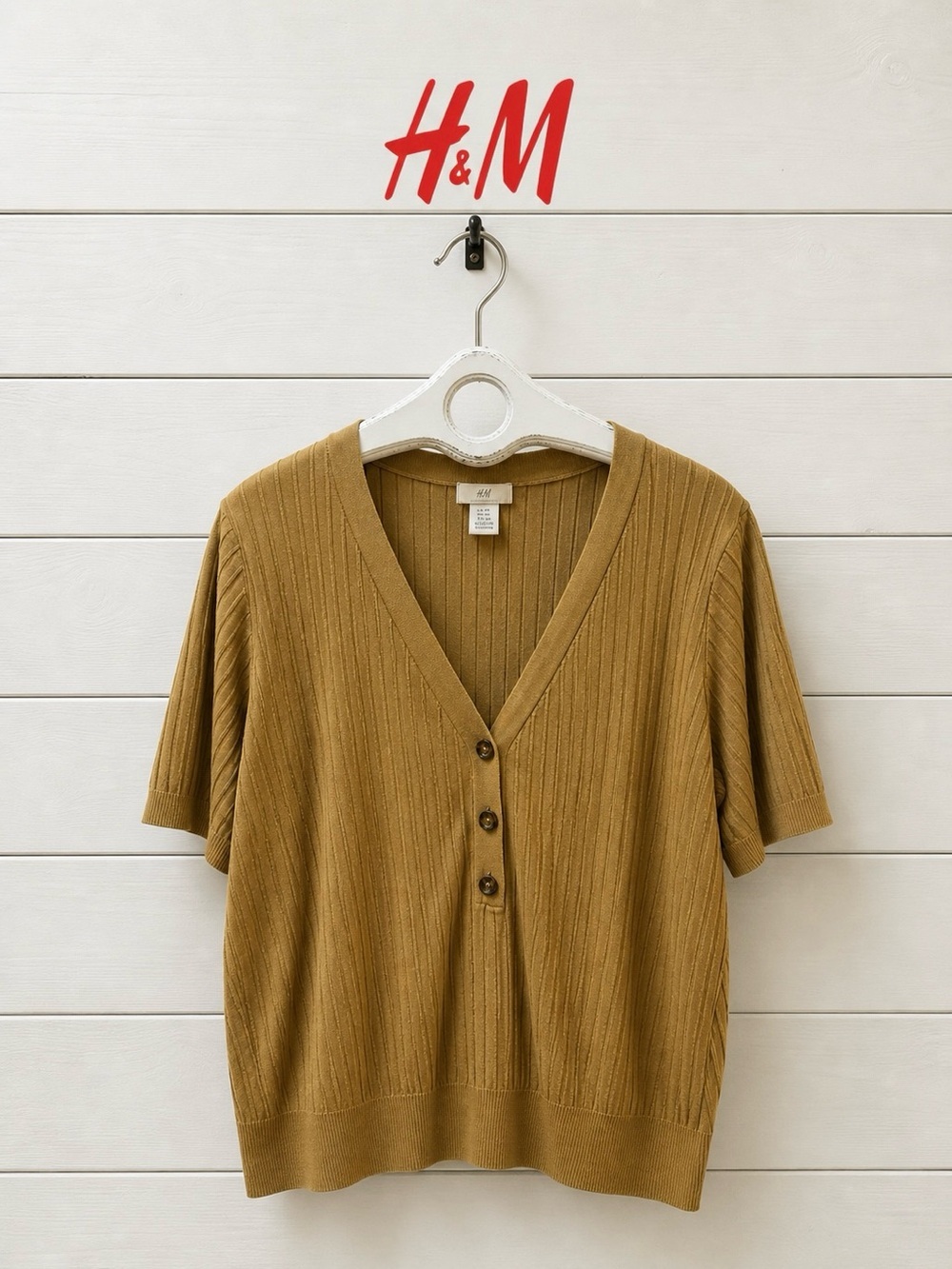 H&M BASICS / BASIQUES Camel Ribbed Knit Short Sleeve Cardigan Top XXL